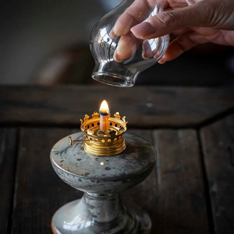 Black handmade ceramic kerosene lamp night light with retro split design, 23.8cm tall and 7.8cm wide