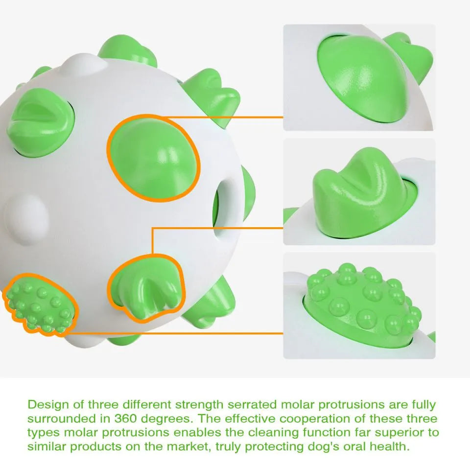 Blue green yellow dog chew ball with textured cleaning bumps and hollow treat-dispensing centre.