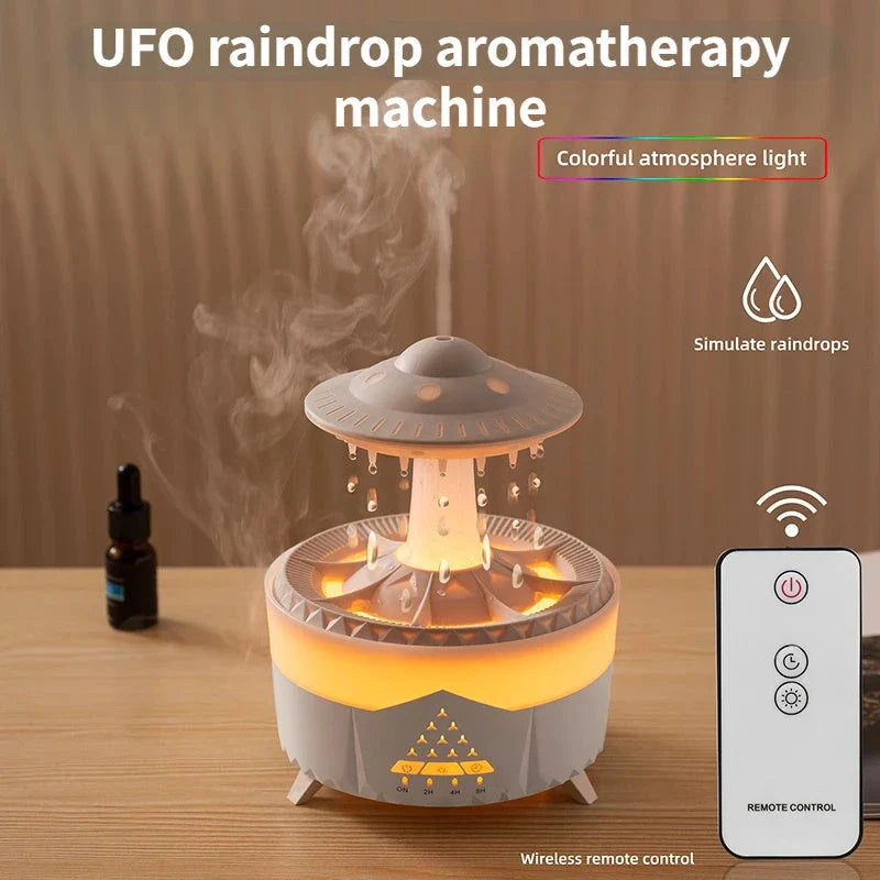 Relaxing cloud-shaped humidifier with raindrop sound, essential oil diffusion, and colorful lighting