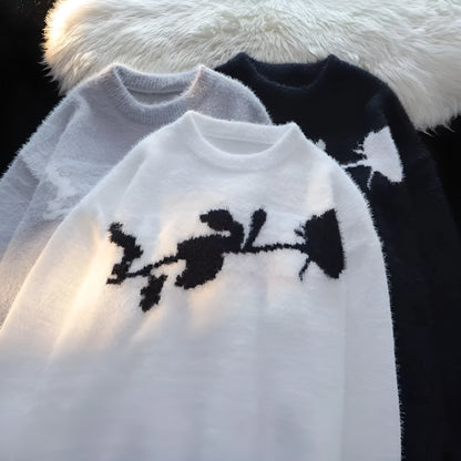 Men's black cotton fleece jumper with flocked horse design on front, long sleeve pullover style