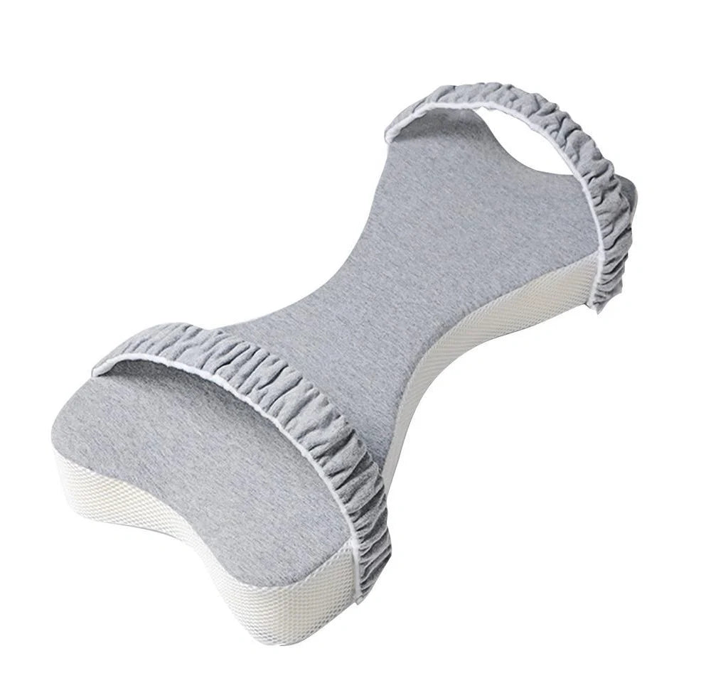Light blue memory cotton knee pillow measuring 70×37×9cm with adjustable 5-10cm height for side sleeping support