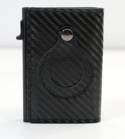Premium leather wallet with built-in AirTag pocket and RFID blocking technology for secure everyday carry