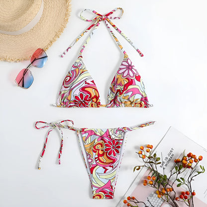 Women's triangle printed bikini with halter neck design in multicolor pattern