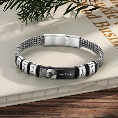 Stainless steel and leather rope bracelet with heart-shaped lettering beads on an adjustable band