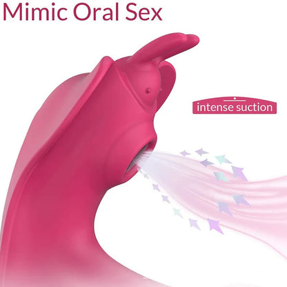 Purple and red silicone butterfly remote control dildo vibrator with USB cable.
