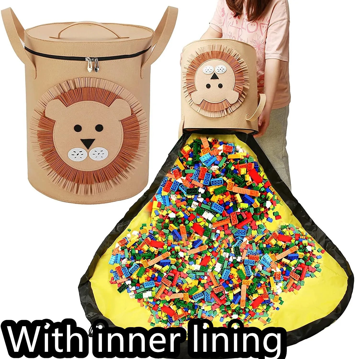 Green felt storage cube with pull rope, unfolded flat as a square play mat next to toys.