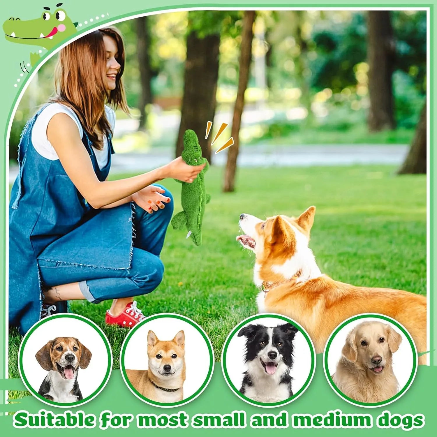 Dark green crocodile dog toy with squeaker and crinkle paper, measuring 20cm for aggressive chewers