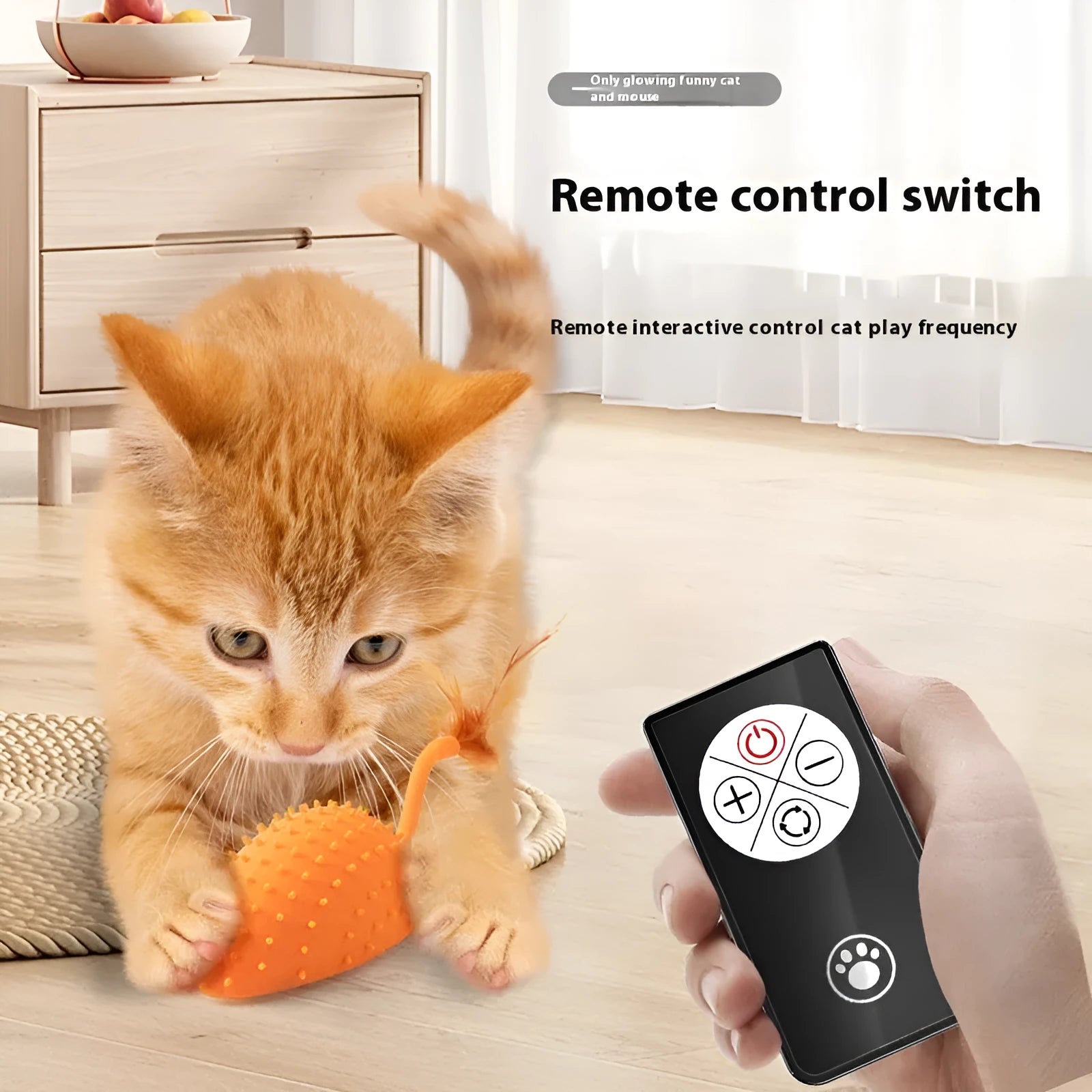 Remote control USB rechargeable silicone mouse cat toy with hanging feathers in cyan colour