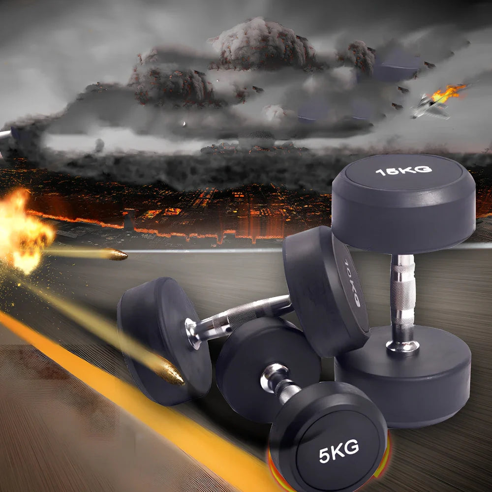 Black rubberized cast iron round head dumbbells, 1kg to 5kg weights for fitness, impact-resistant coating
