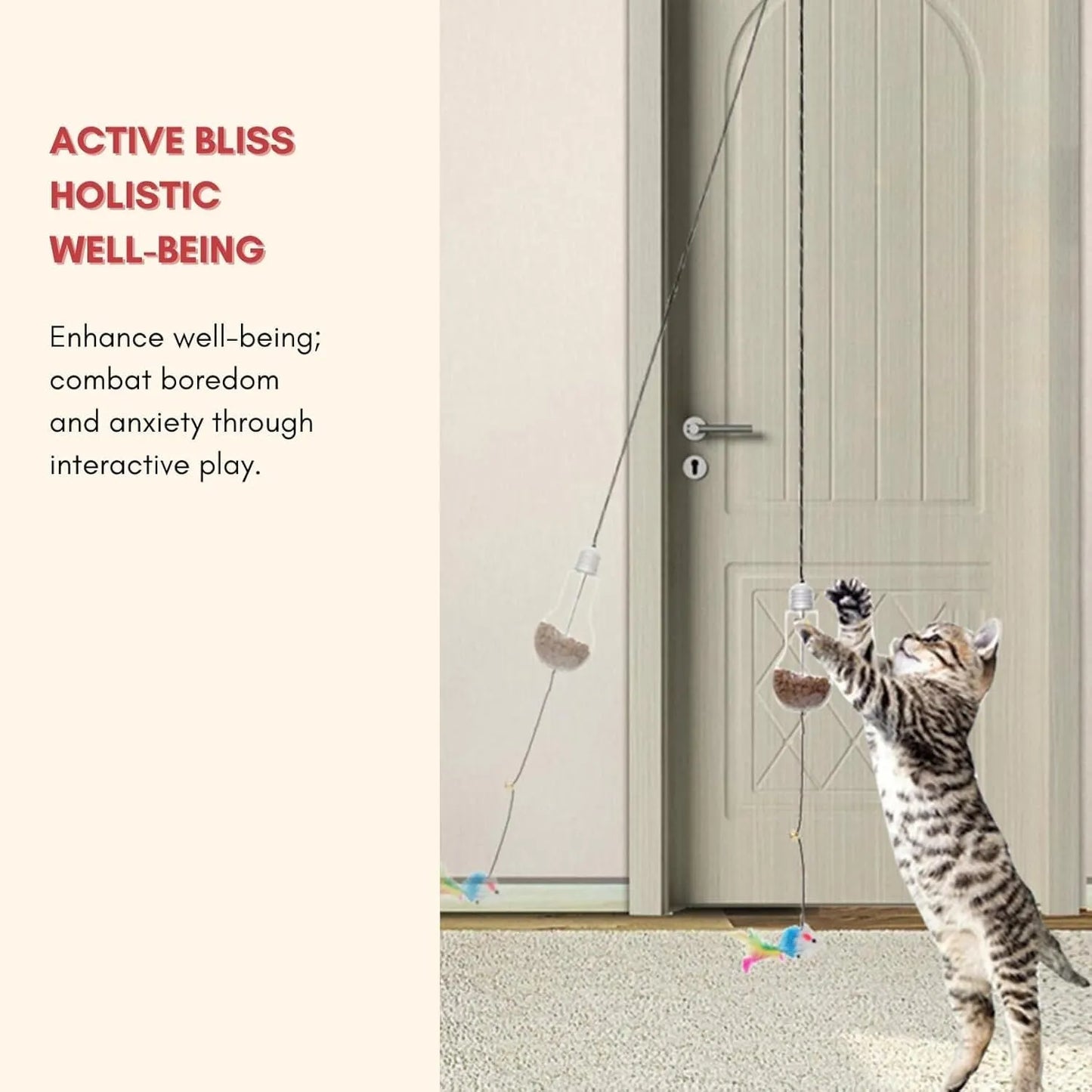 Interactive cat toy hanging from door frame with elastic rope, sound response system, and treat reward dispenser