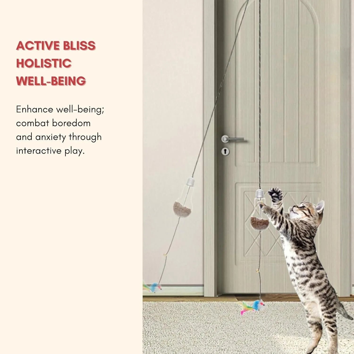 Interactive cat toy hanging from door frame with elastic rope, sound response system, and treat reward dispenser