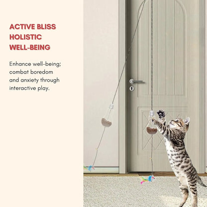 Interactive cat toy hanging from door frame with elastic rope, sound response system, and treat reward dispenser