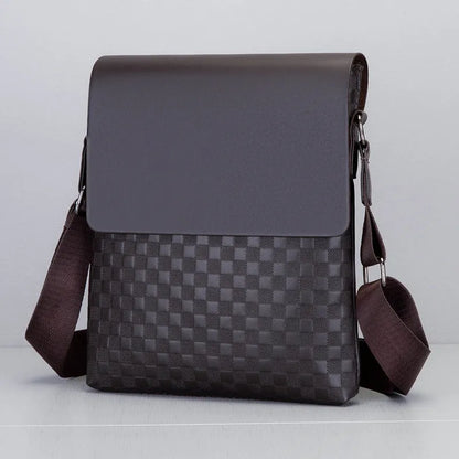 Men's PU leather crossbody messenger bag, plaid pattern, black or dark brown, 20cm x 24cm x 6cm