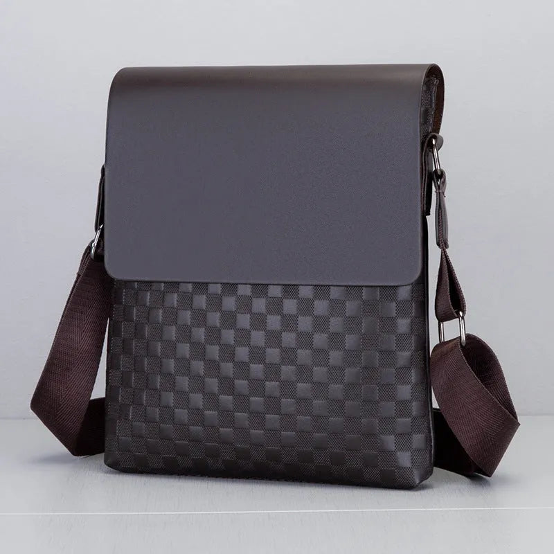 Men's Crossbody Casual Messenger Bag in PU Leather, Medium Square Vertical Section with Plaid Pattern, Single Strap, Cover Type Opening, 20cm x 24cm x 6cm, Available in Black or Dark Brown