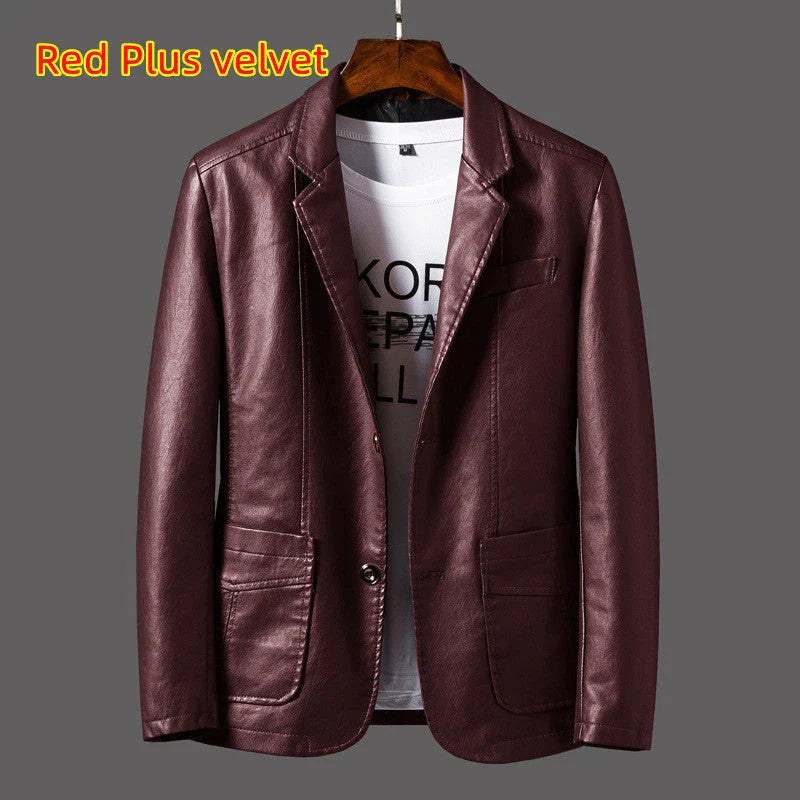 Premium leather jacket for men in orange, red, and black colors with a classic collar, studded lapels, and quilted sleeves