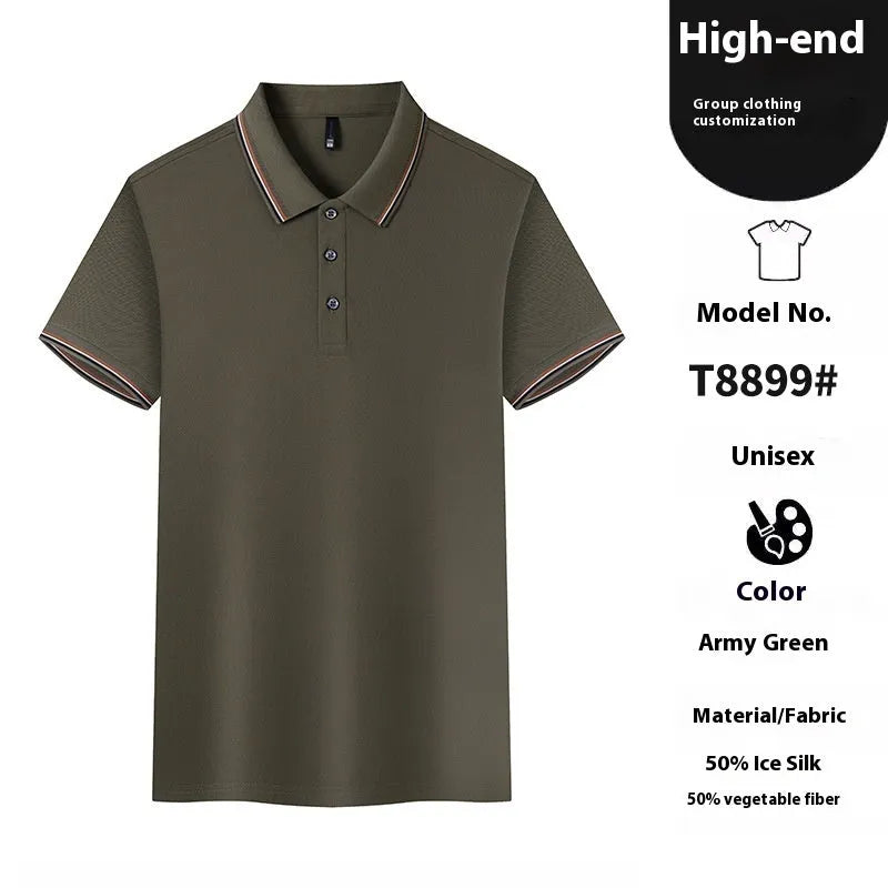 Solid colour Ice Silk polo shirt for work and casual wear in various colours on a hanger.