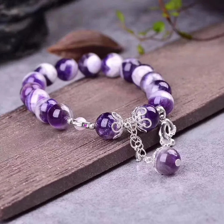 Amethyst bracelet with 10mm round violet beads on elastic string