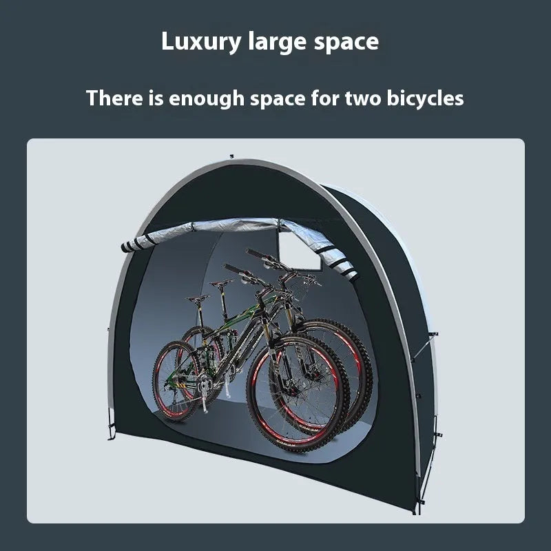 Large black outdoor roof tent for storing two bicycles, showing full assembly with brackets.