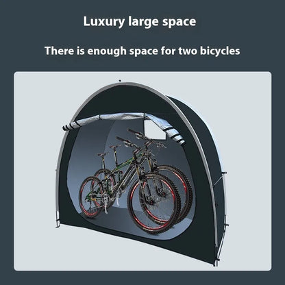 Large black outdoor roof tent for storing two bicycles, showing full assembly with brackets.