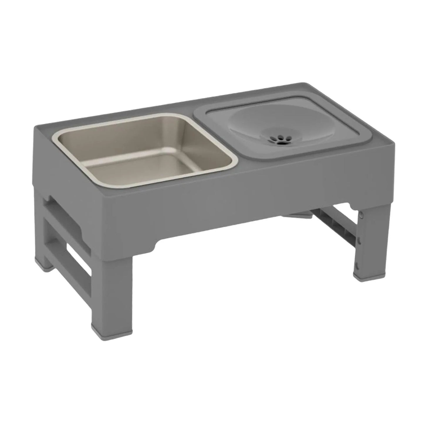 Adjustable elevated dog feeding station with slow feeder bowl and water bowl on foldable legs