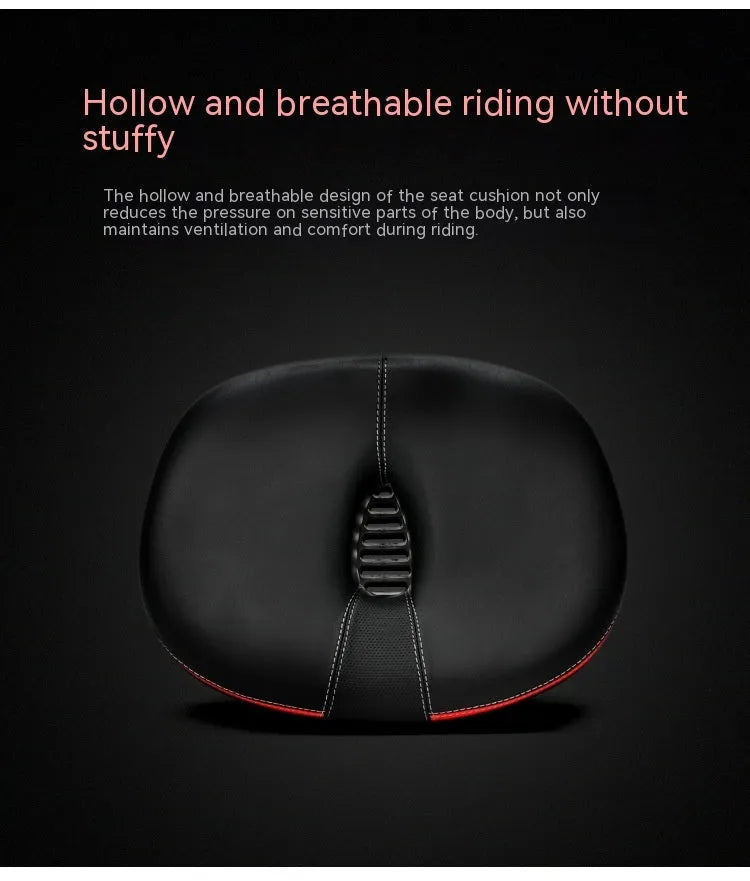 Thickened red mountain bike saddle with reflective details and shock absorber.