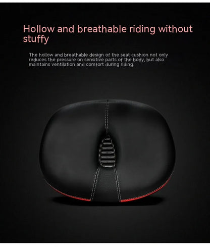 Thickened red mountain bike saddle with reflective details and shock absorber.