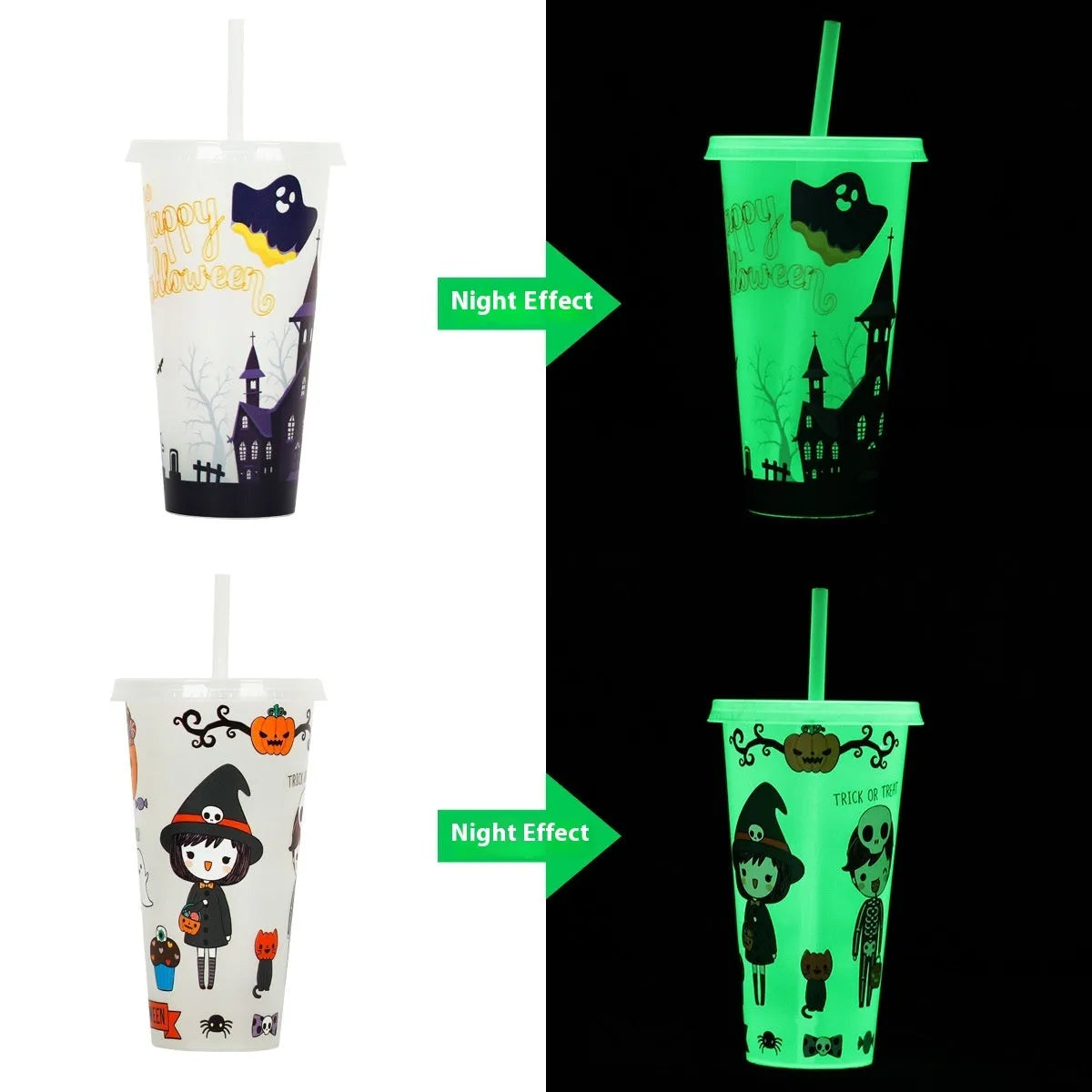 720ml plastic sippy cup with Halloween luminous straw, cylindrical shape, 17.5cm height