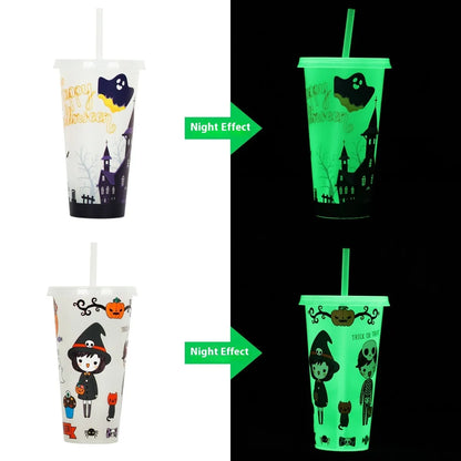 720ml plastic sippy cup with Halloween luminous straw, cylindrical shape, 17.5cm height