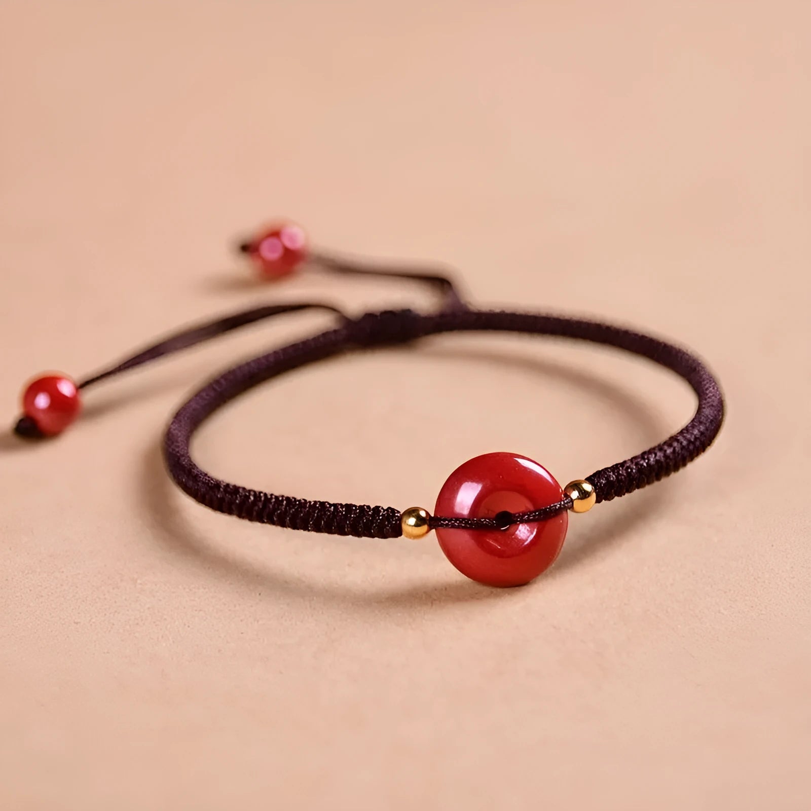 Cinnabar heart-shaped bracelet with safety buckle closure and adjustable coloured rope in traditional Chinese design