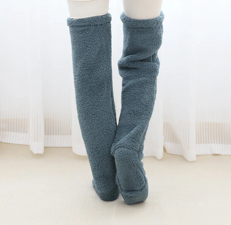Cozy over-the-knee fuzzy socks in a variety of colors for winter warmth and comfort