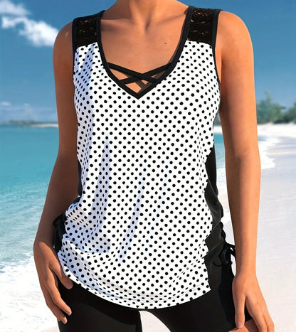 Women's printed split boxer swimsuit two-piece set with swim top and shorts