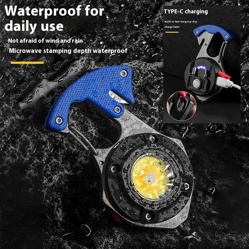Multifunctional keychain flashlight with window breaker and screwdriver, showing Type-C charging port and LED display.