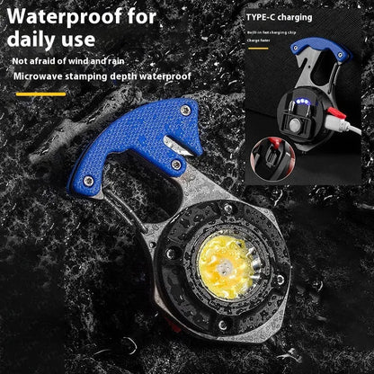 Multifunctional keychain flashlight with window breaker and screwdriver, showing Type-C charging port and LED display.