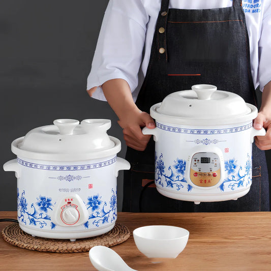White porcelain electric stew pot with 1.5L capacity and automatic temperature control