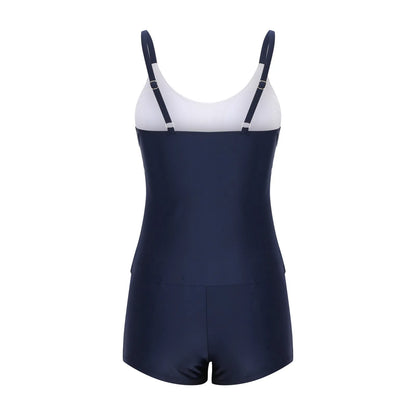 Ladies conservative stripe boyshorts swimsuit bikini with split fashion top in polyester fabric