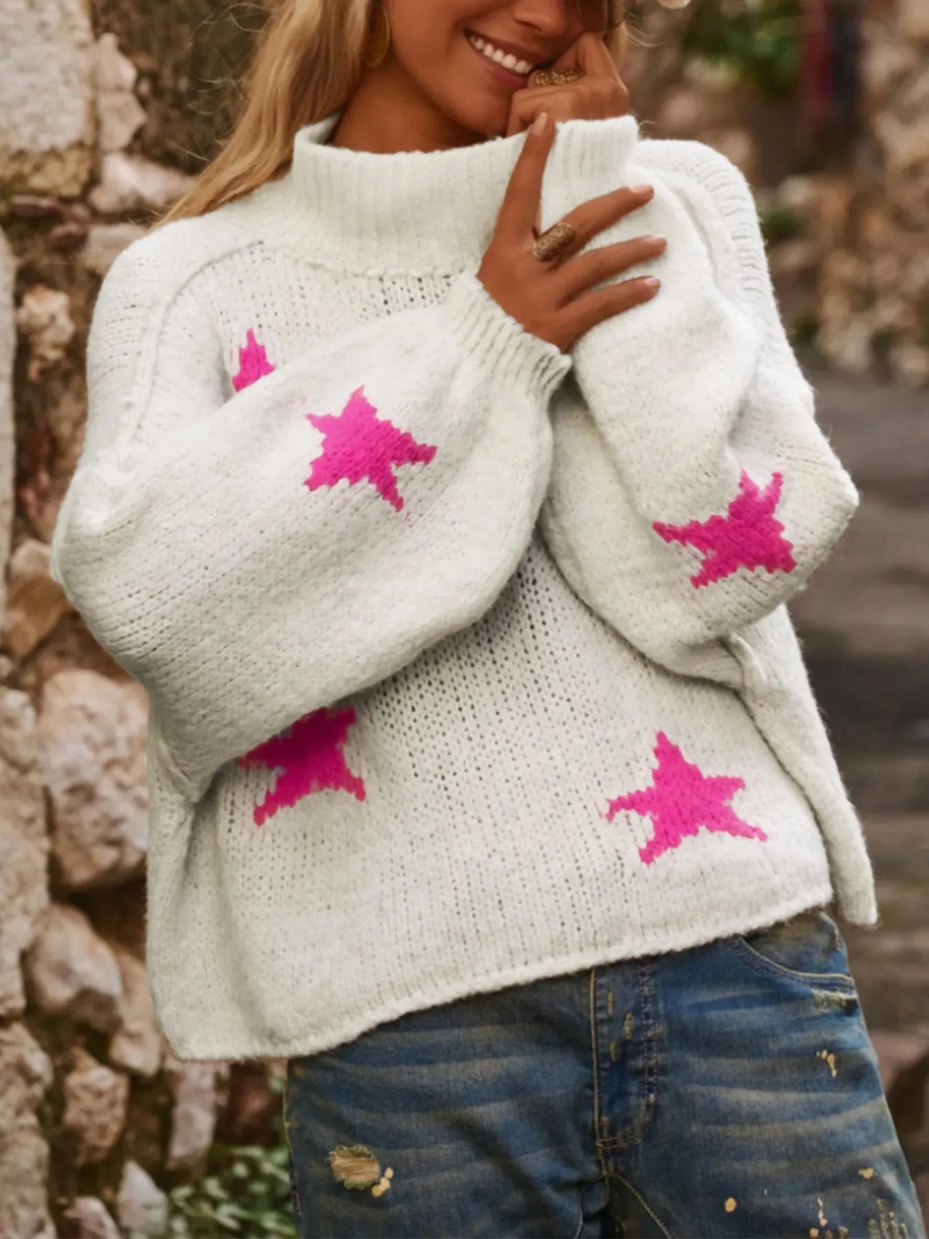 White women's loose turtleneck sweater with five-pointed star pattern and imitation velvet fabric