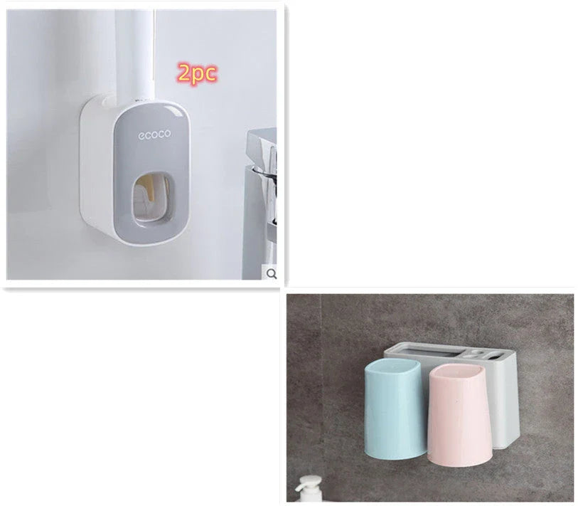Wall-mounted automatic toothbrush holder with toothpaste dispenser and mouthwash cup for organized bathroom storage