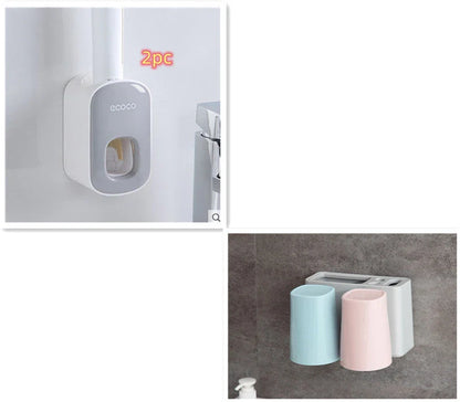 Wall-mounted automatic toothbrush holder with toothpaste dispenser and mouthwash cup for organized bathroom storage