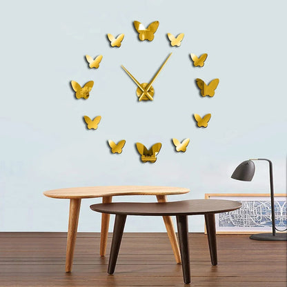 Round 30cm mirror wall clock with raised butterfly design showing time display