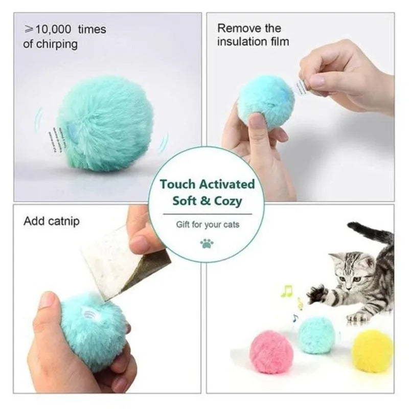Interactive pet toy ball with three colour options triggering different animal sounds when moved