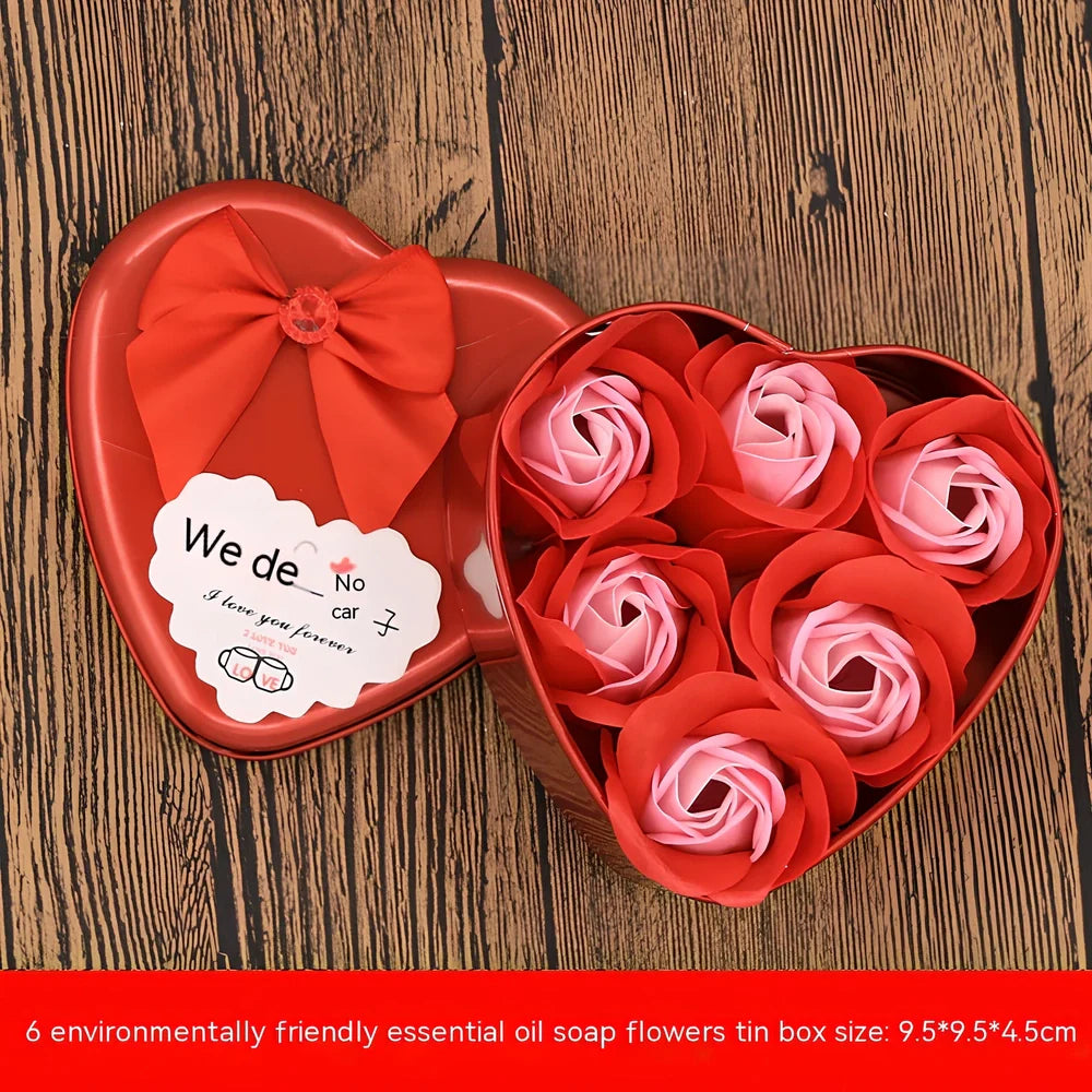 Handmade soap flowers in red heart-shaped tin box measuring 12x12x5cm