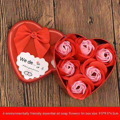 Handmade soap flowers in red heart-shaped tin box measuring 12x12x5cm