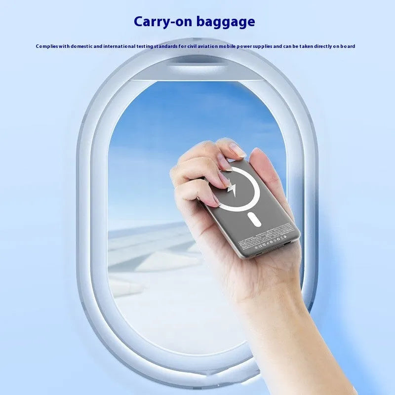 Gun grey magnetic wireless power bank with ultra-thin 9mm alloy design showing dimensions