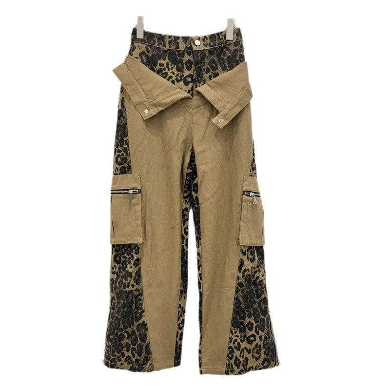 Women's dark khaki high waist jeans with leopard print and contrast stitching detail