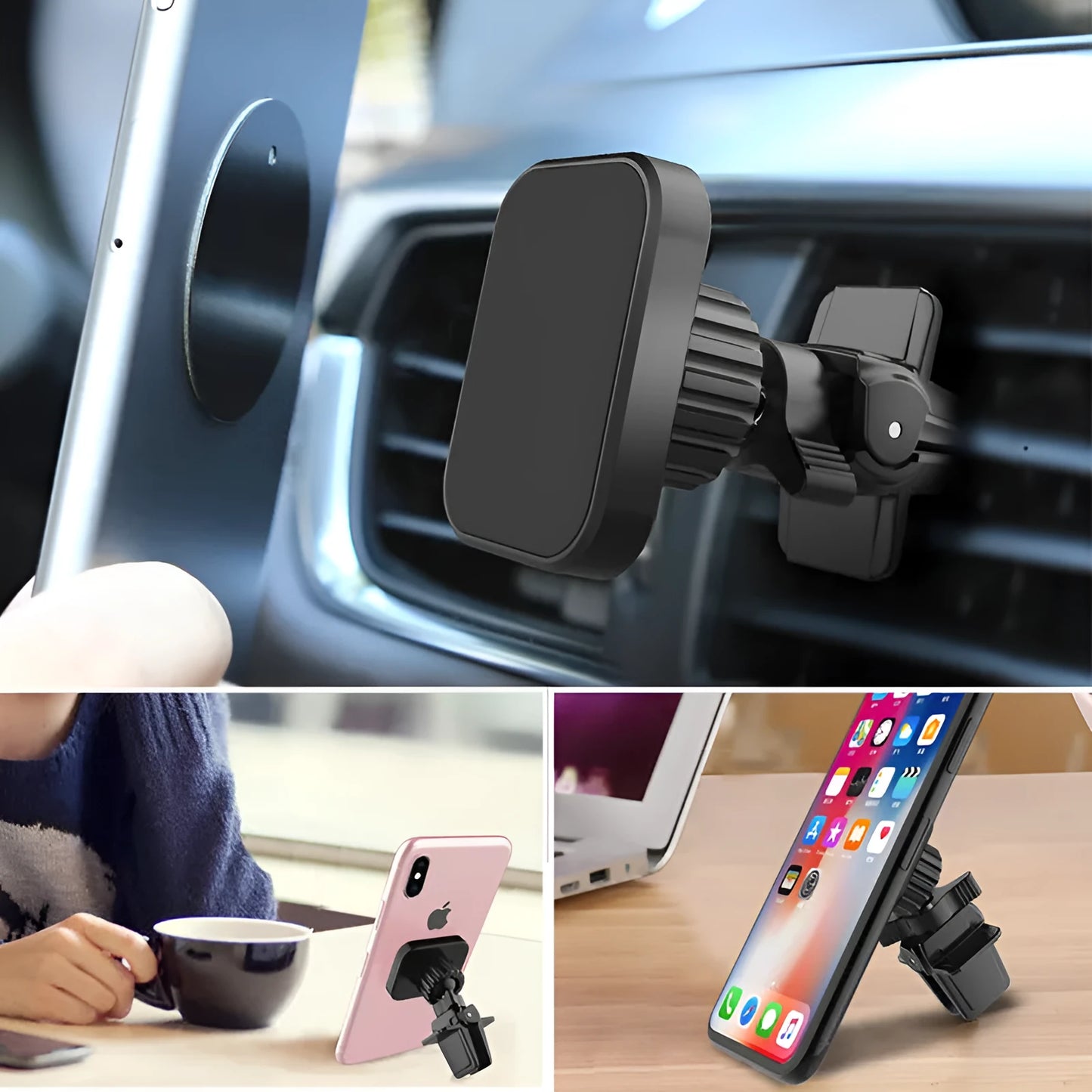 Black car air vent mobile phone holder with magnetic mount for universal smartphone attachment