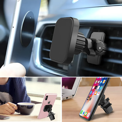 Black car air vent mobile phone holder with magnetic mount for universal smartphone attachment
