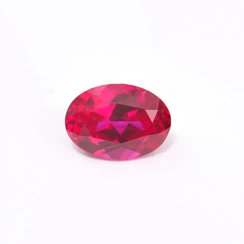 Synthetic ruby gemstone in pigeon blood red colour available in egg shape, grandmother cut, water drop, round, princess square, and Asche cuts, with size options from 0.5-0.8 carat up to 3.4-3.8 carats for jewellery making and decorative use