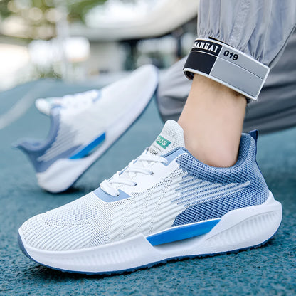 Men's blue mesh casual shoes with round toe and plastic sole on a white background.