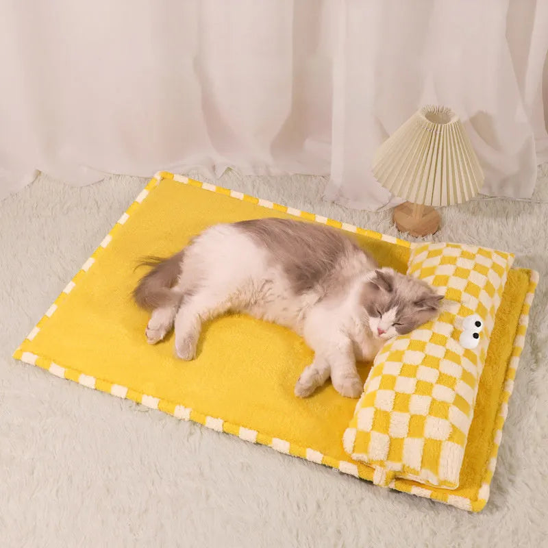 Universal cat's nest and dog kennel cushion for all four seasons, a large pet sleeping mat available in grey or yellow, with four sizes from small 50x35cm to extra-large 85x60cm, designed for pets up to 32.5 kg.