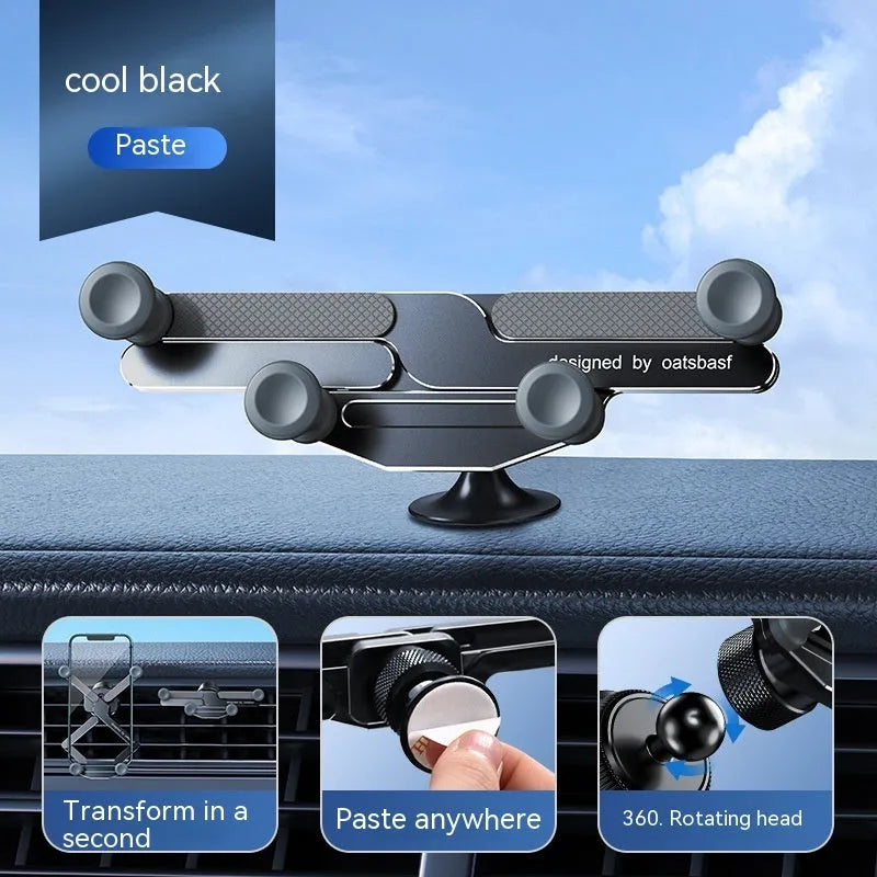 Aluminium alloy car mobile phone holder showing snap-on air vent clip and adhesive dashboard mount versions in black colour.